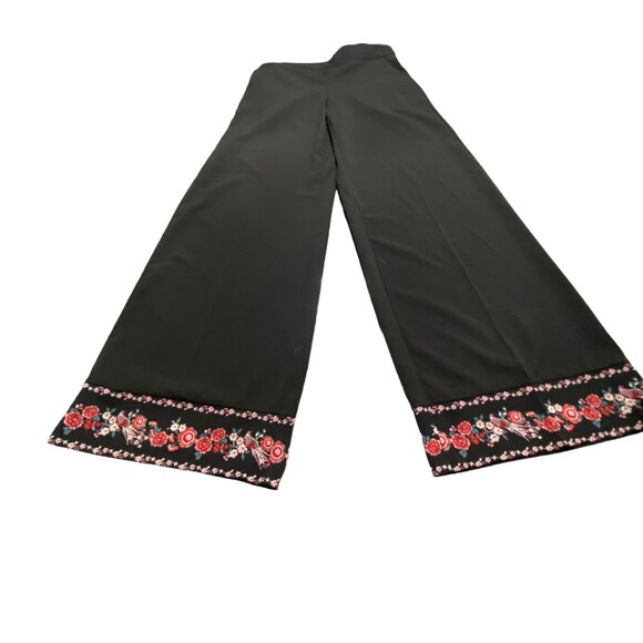 New York & Co Wide Black Floral Trim Leg Pants Palazzo Wide Pockets S Small - Picture 3 of 10